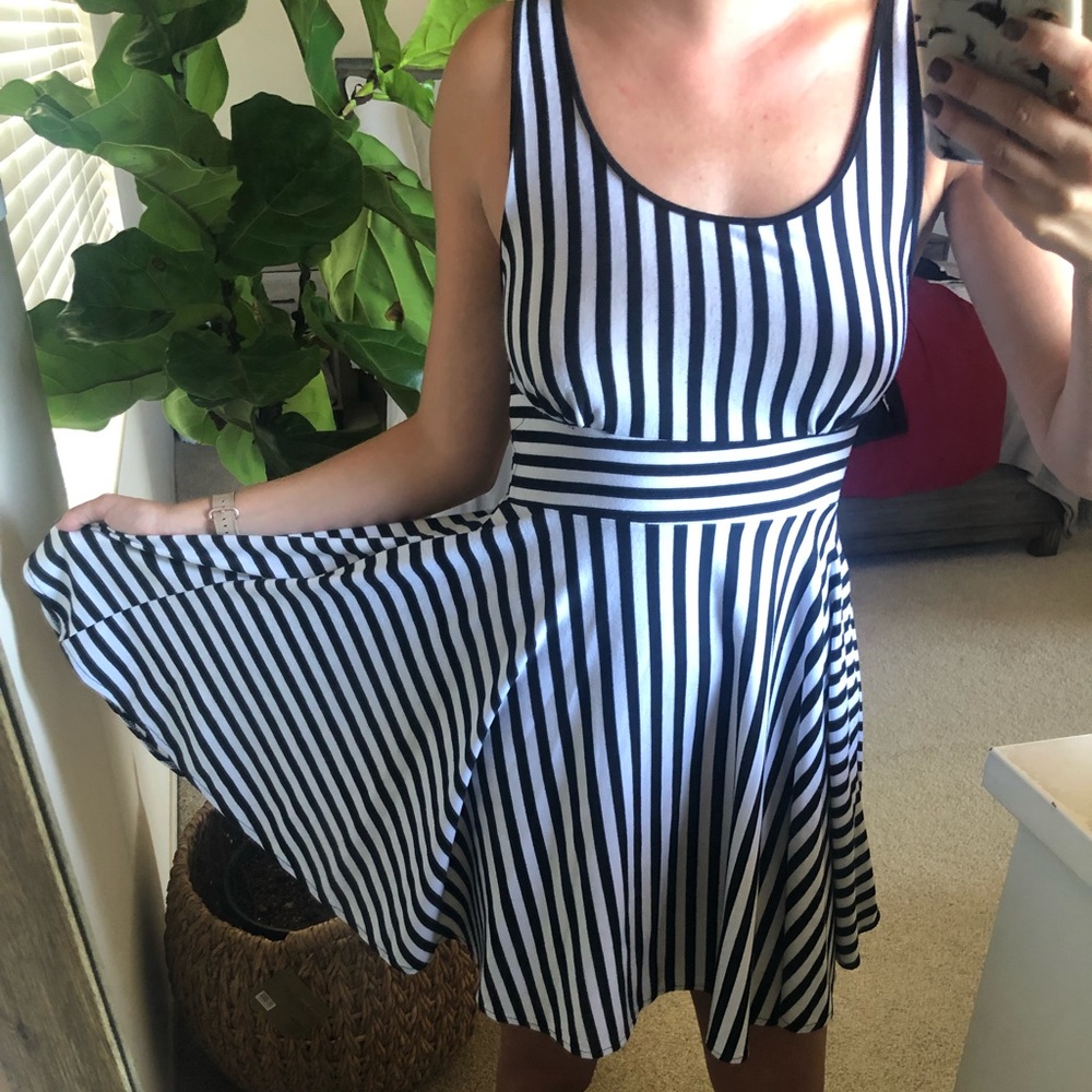 Better Be Black White Striped Fit Flare Mini Dress Bow Back S